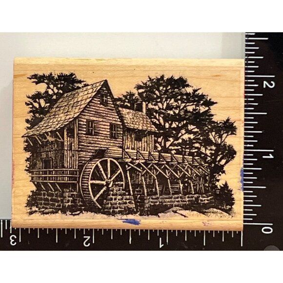 VINTAGE Stampscapes Water Mill 142E Scene Rubber Stamp ON Woodblock - Picture 2 of 5